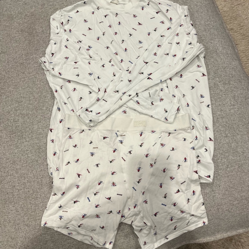 SKIMS White Pajama Set with Colorful Ski Print